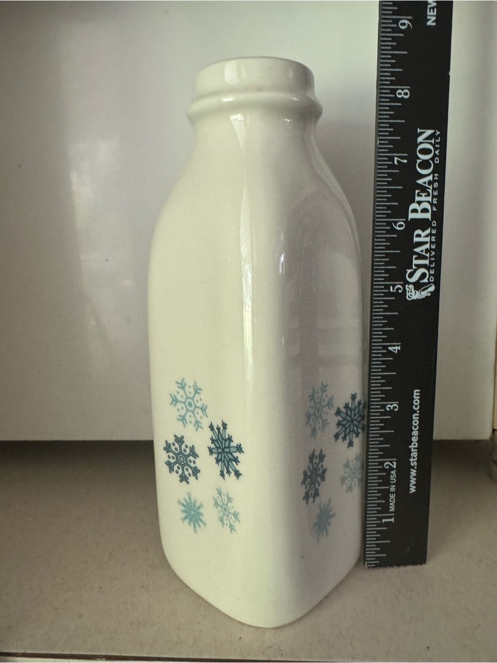 Ceramic Milk Bottle Vase with Blue Snowflake Motif